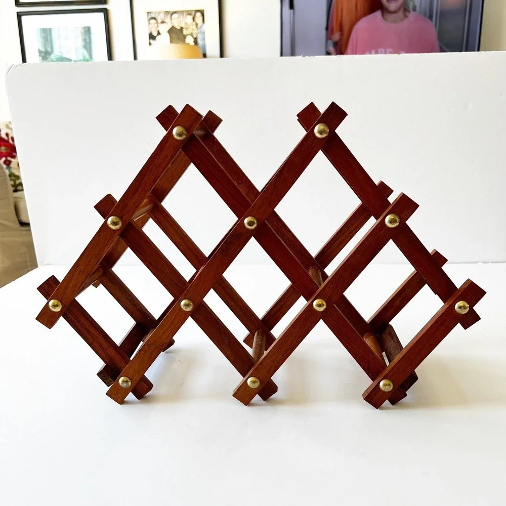 Vtg Mid Century Folding Accordion Solid Teak Wood Wine Rack Thailand 5 Bottles